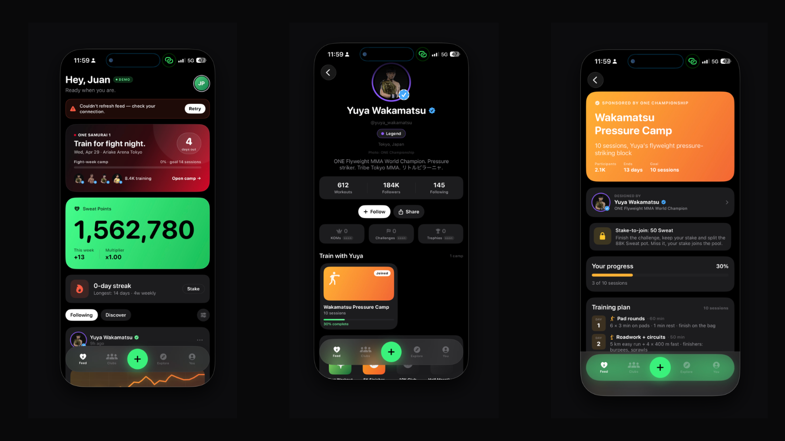 Three SuiSport ONE app screens — Feed with Sweat Points counter, Yuya Wakamatsu fighter profile, and Wakamatsu Pressure Camp sponsored training plan.